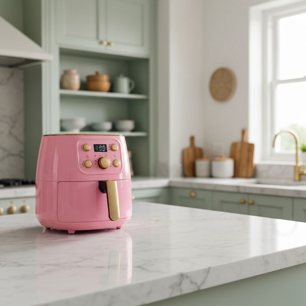 Paris Hilton pink air fryer with gold digital display on marble countertop