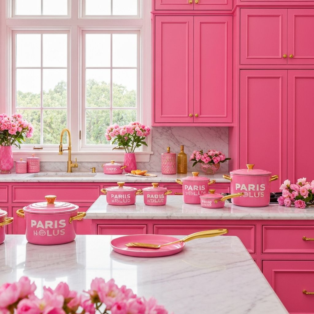 Complete pink and gold kitchen setup with Paris Hilton cookware displayed on open shelving