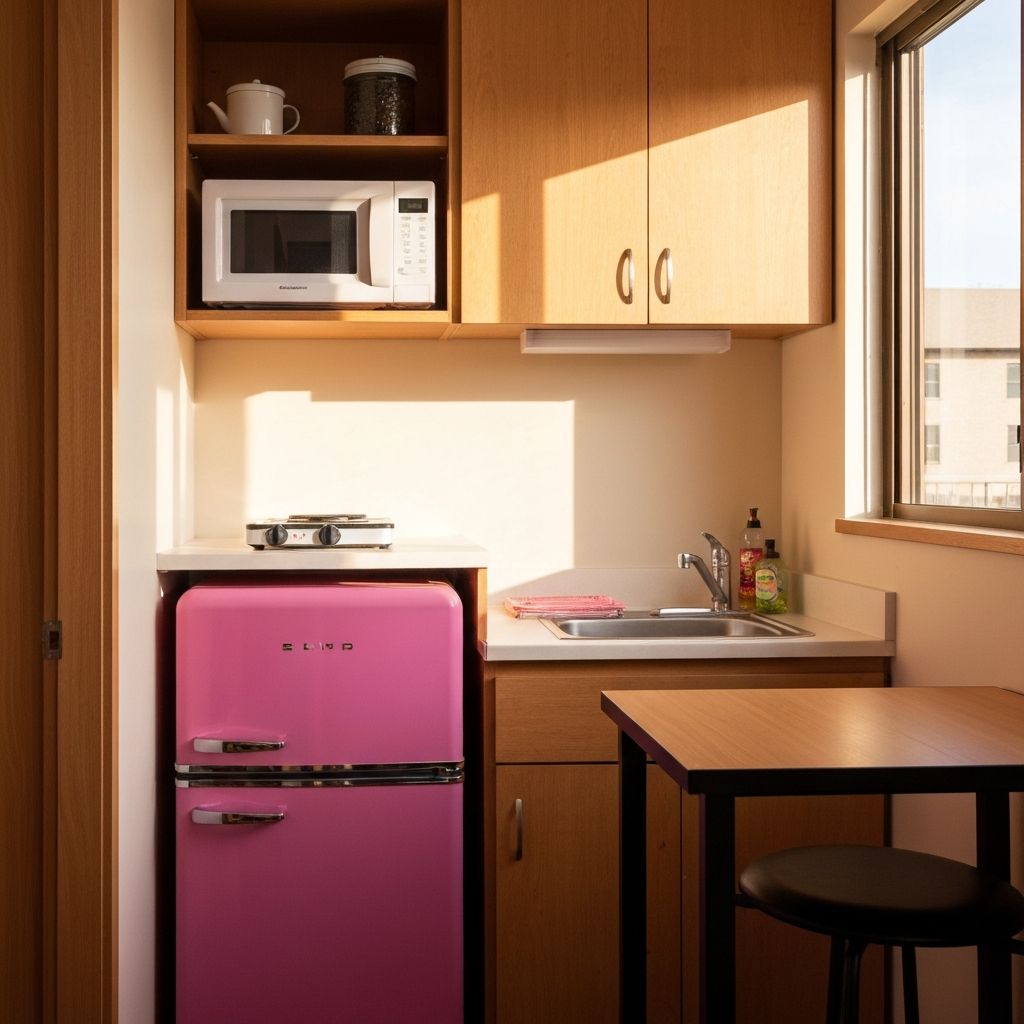 Compact dorm kitchen setup with Paris Hilton mini fridge and essentials